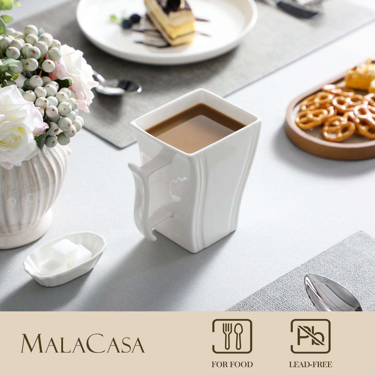 MALACASA FLORA White or Grey Marble Porcelain Coffee Mugs 16.9 oz (500mL) – 6 Piece Set