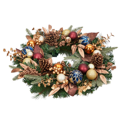 24 Inch Pre‑lit Christmas Wreath, Artificial Xmas Wreath with 20 Waterproof LED Lights, Pine Cones Berries Xmas Balls Golden Leaves, 8 Lighting Modes for Front Door Wall Window Holiday Decor
