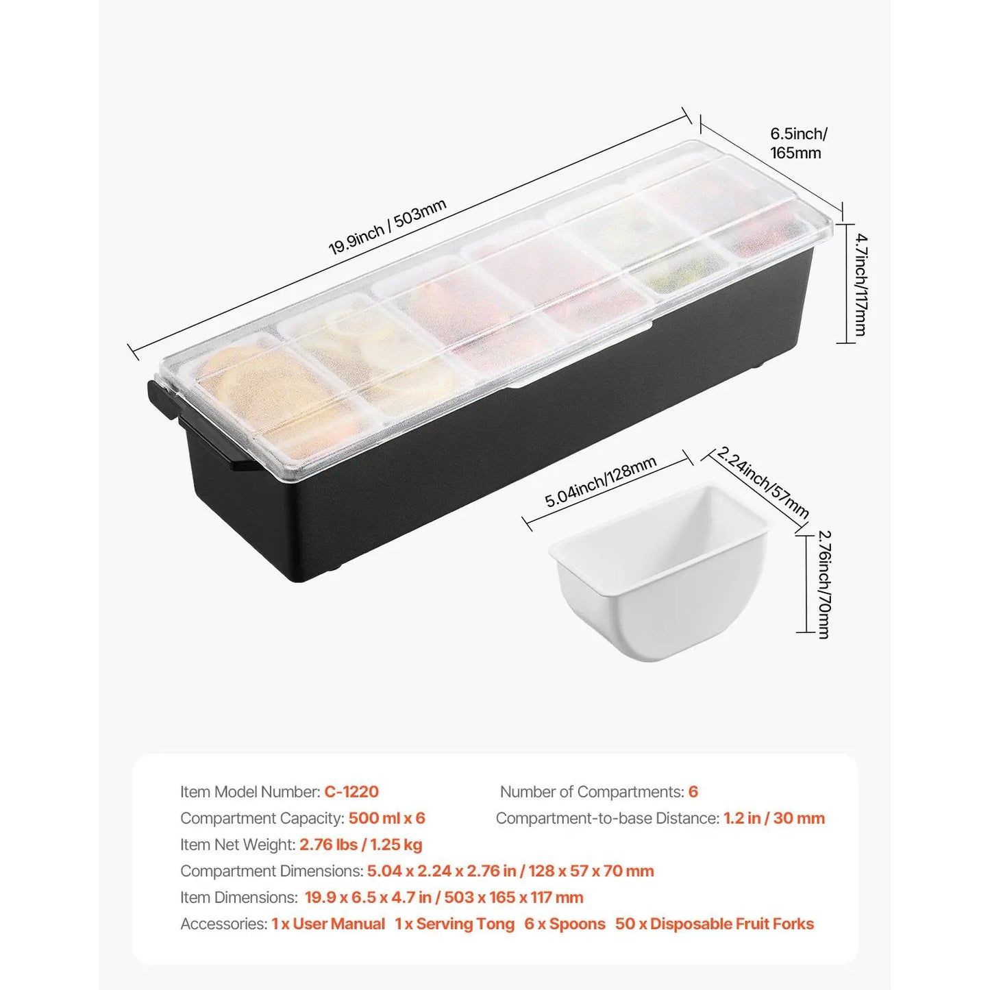 6-Compartment Chilled Condiment & Garnish Server with Lid – Ice-Cooled Bar, Taco & Salad Caddy