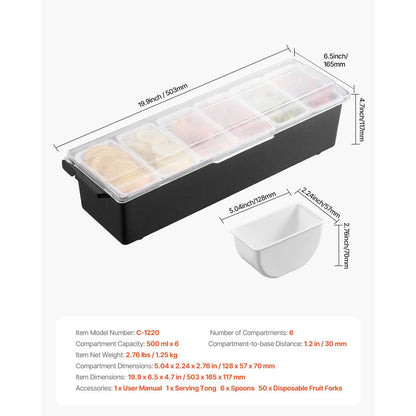 6-Compartment Chilled Condiment & Garnish Server with Lid – Ice-Cooled Bar, Taco & Salad Caddy