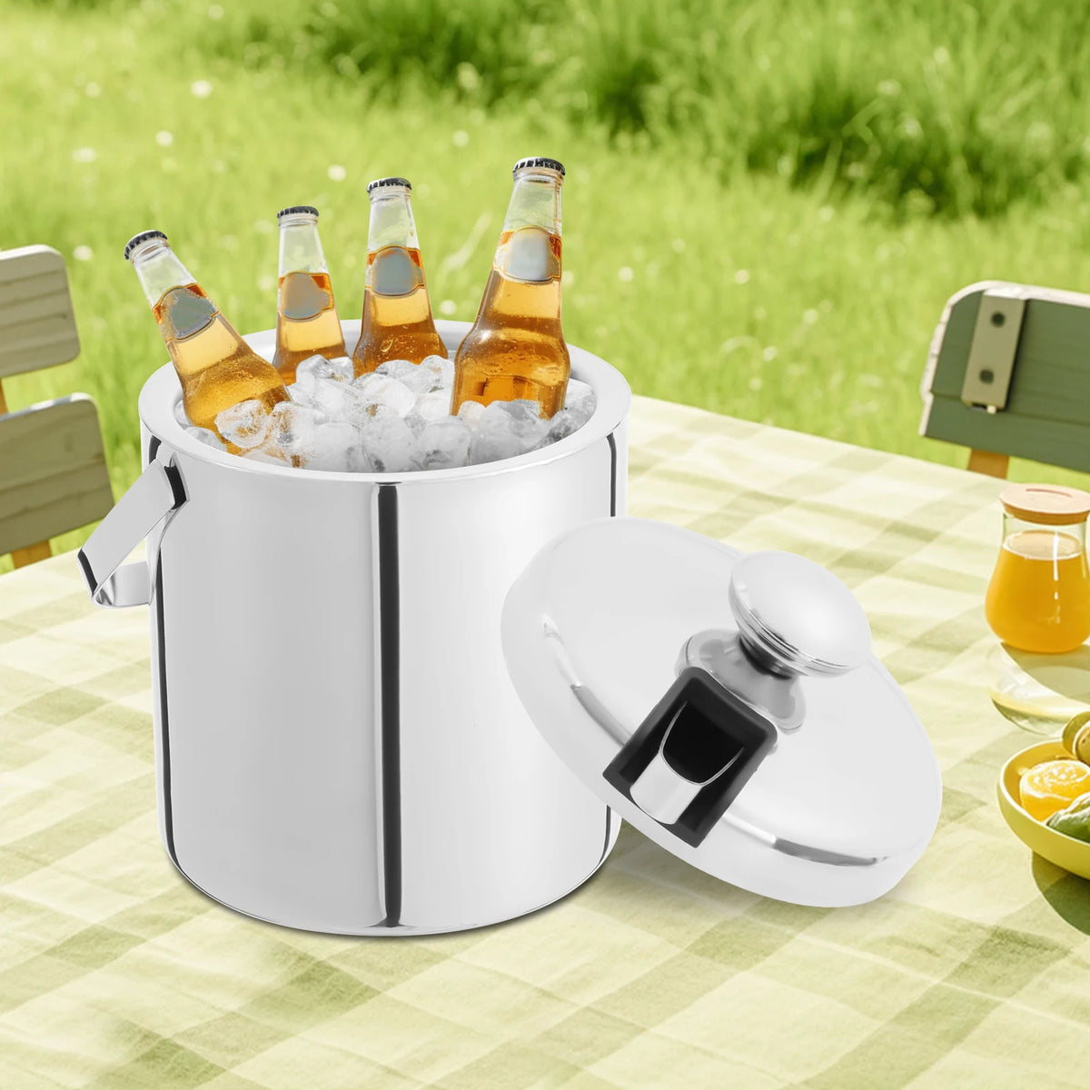 1.3L Double-Wall Stainless Steel Ice Bucket Set with Tongs, Strainer & Lid