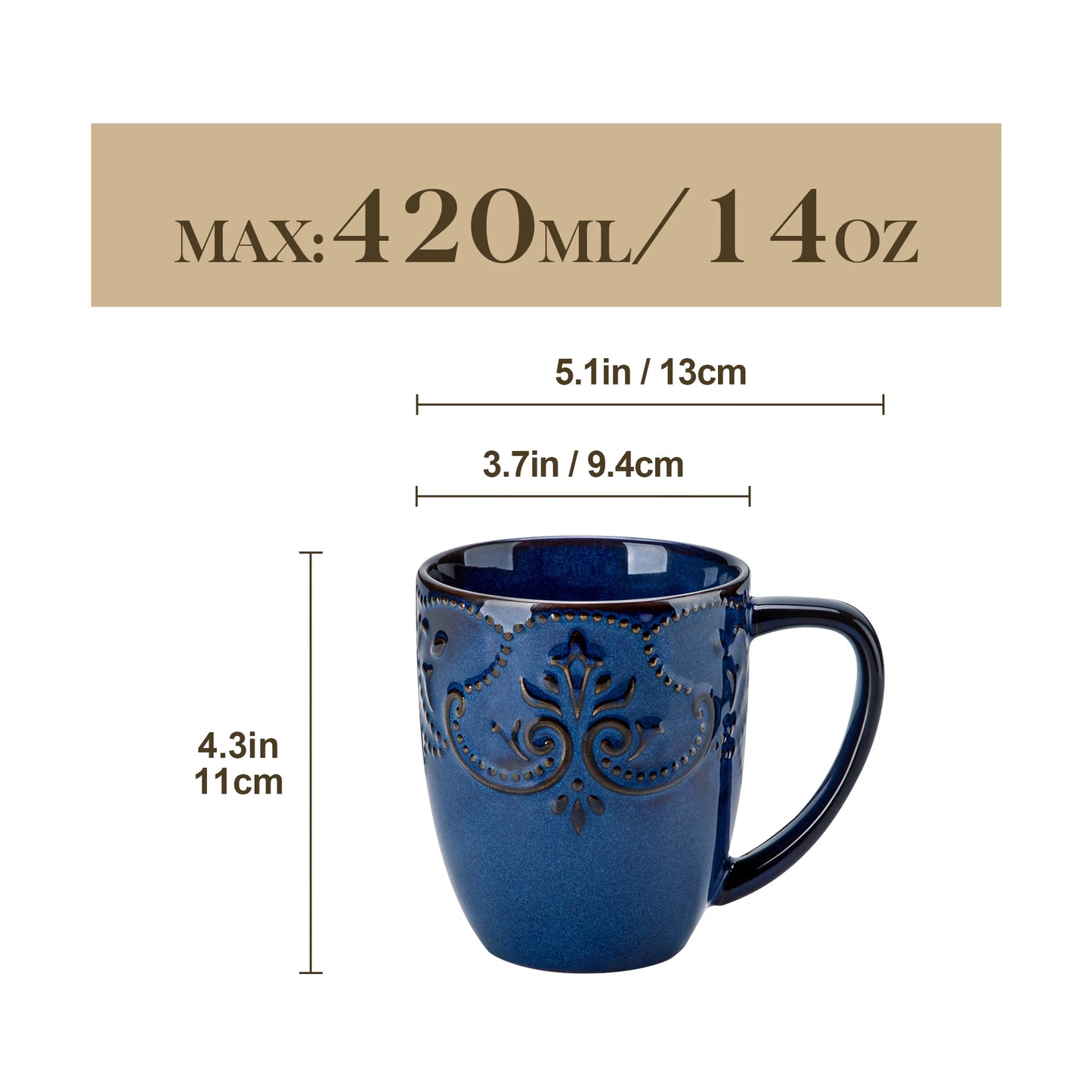 MALACASA GISELLE Embossed Porcelain Mugs 14 oz (414mL) Vintage White or Starry Blue – 4 or 8 Piece Set