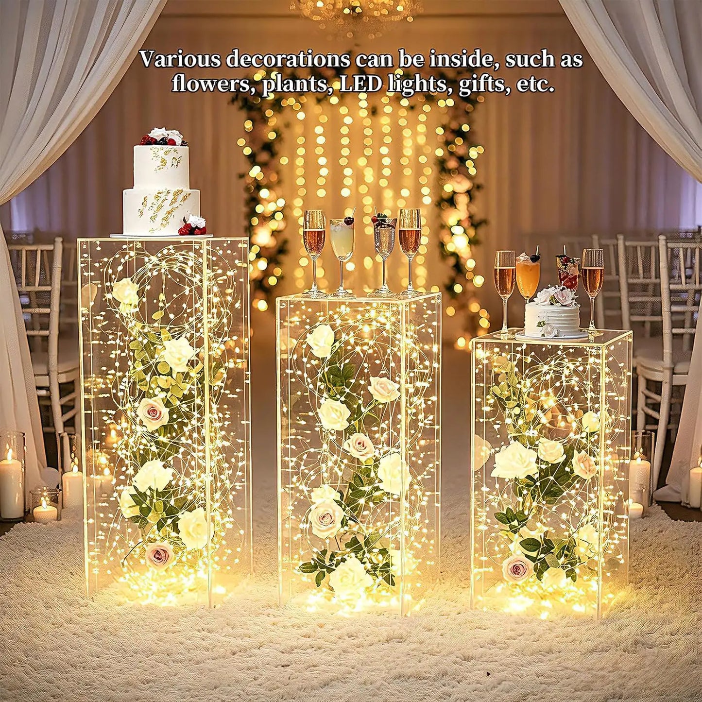 3-Piece Clear Acrylic Pedestal Stand Set – 23.6", 27.6" & 31.5" Fillable Display Plinths for Events
