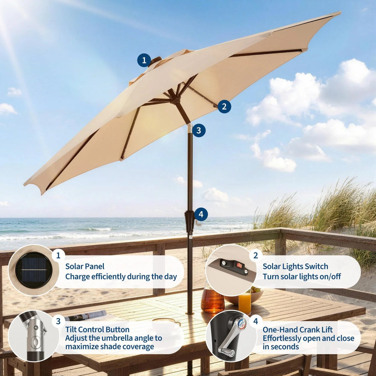 9FT/10FT Solar LED Patio Umbrella with 32 Lights