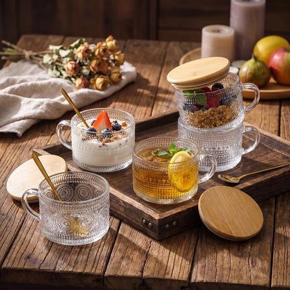 4-Piece 14 oz Vintage Embossed Glass Mug Set with Bamboo Lids & Gold Spoons
