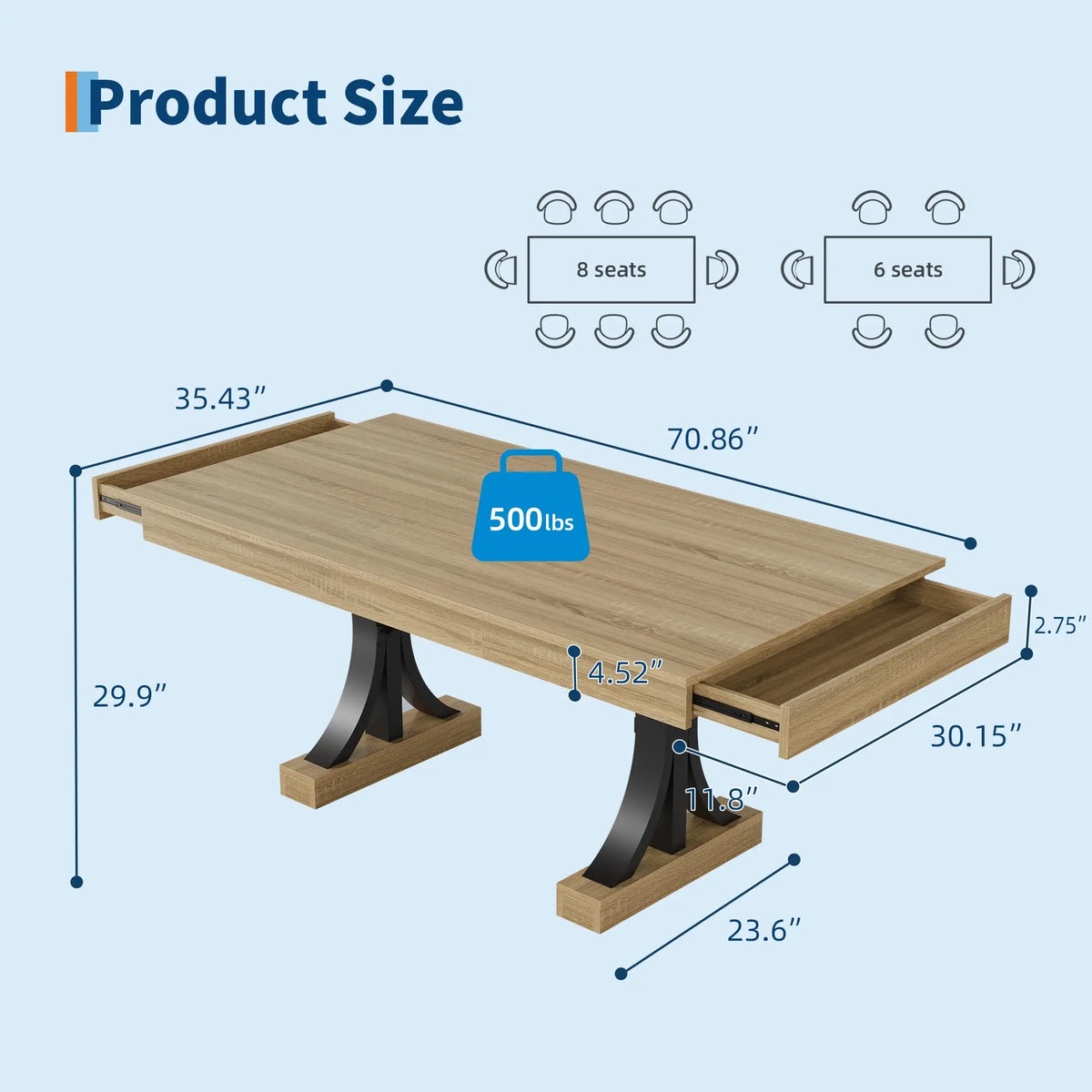71" Industrial Dining Table for 6–8 – Rectangular Wood-Look Table with 2 Storage Drawers & Double Pedestal Base