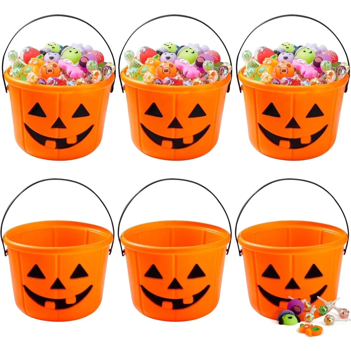 6-Pack Halloween Jack-O'-Lantern Pumpkin Trick-or-Treat Buckets – Orange Candy Pails with Handles