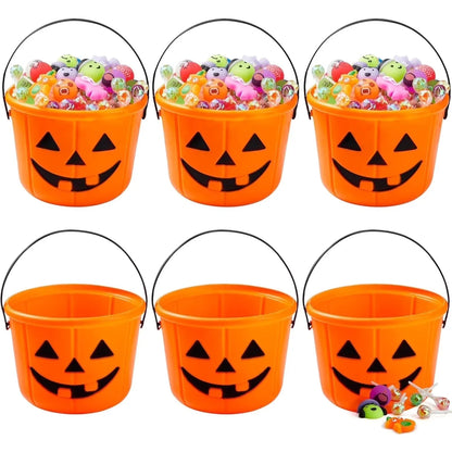 6-Pack Halloween Jack-O'-Lantern Pumpkin Trick-or-Treat Buckets – Orange Candy Pails with Handles