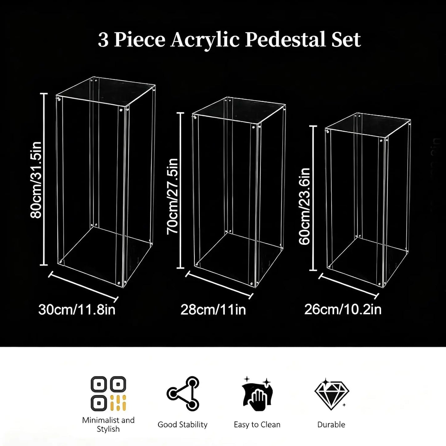 3-Piece Clear Acrylic Pedestal Stand Set – 23.6", 27.6" & 31.5" Fillable Display Plinths for Events
