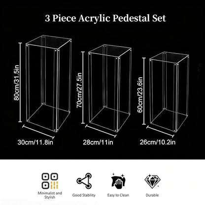3-Piece Clear Acrylic Pedestal Stand Set – 23.6", 27.6" & 31.5" Fillable Display Plinths for Events
