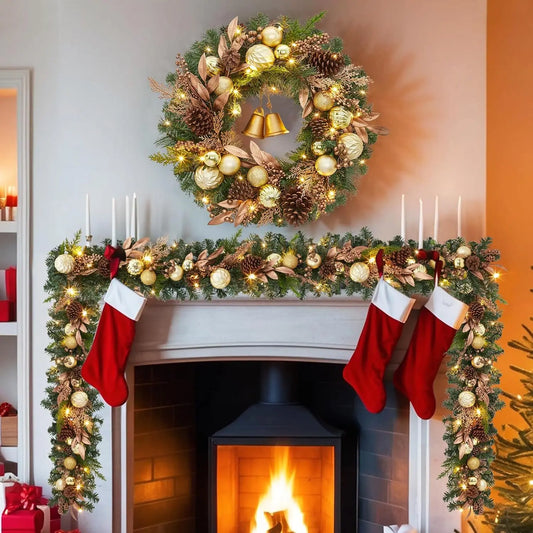 6-Ft Pre-Lit Christmas Garland with Gold Ornaments, Pinecones & Bow