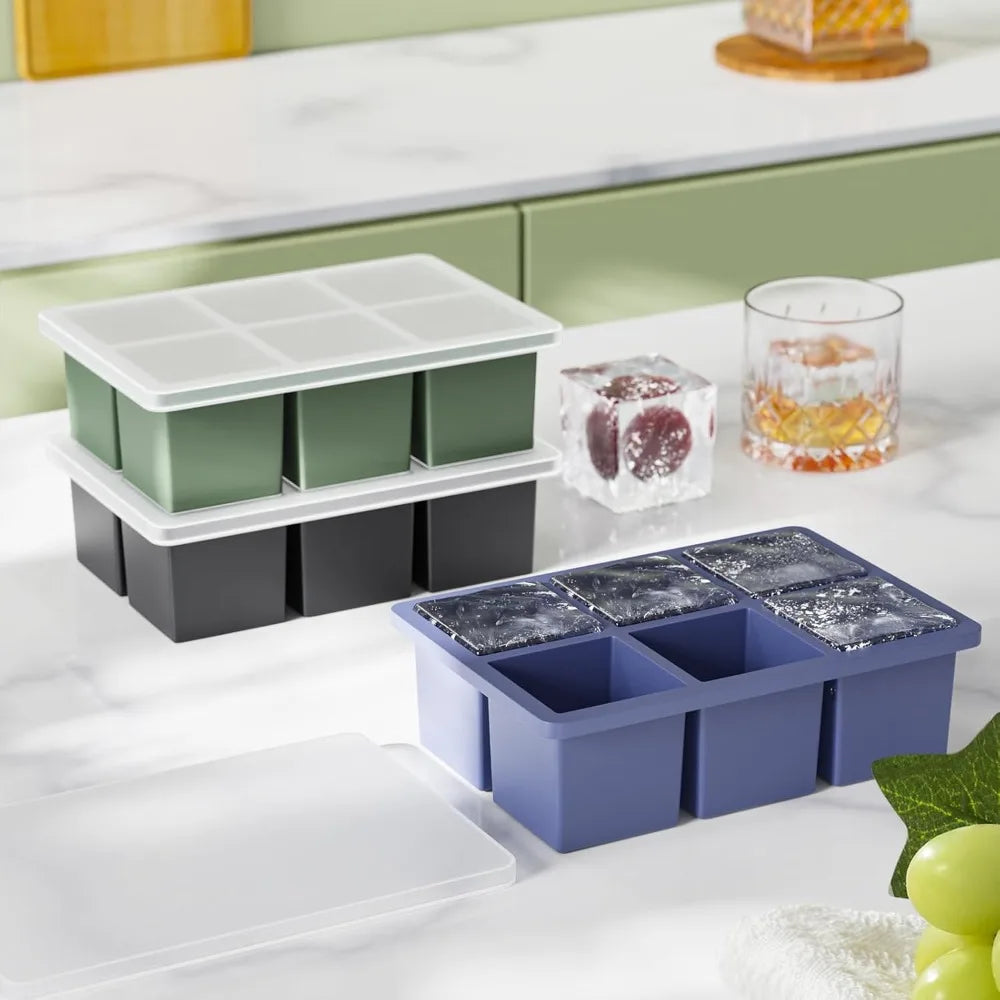 3-Pack Large Square Whiskey / Bourbon Silicone Ice Cube Trays with Lids
