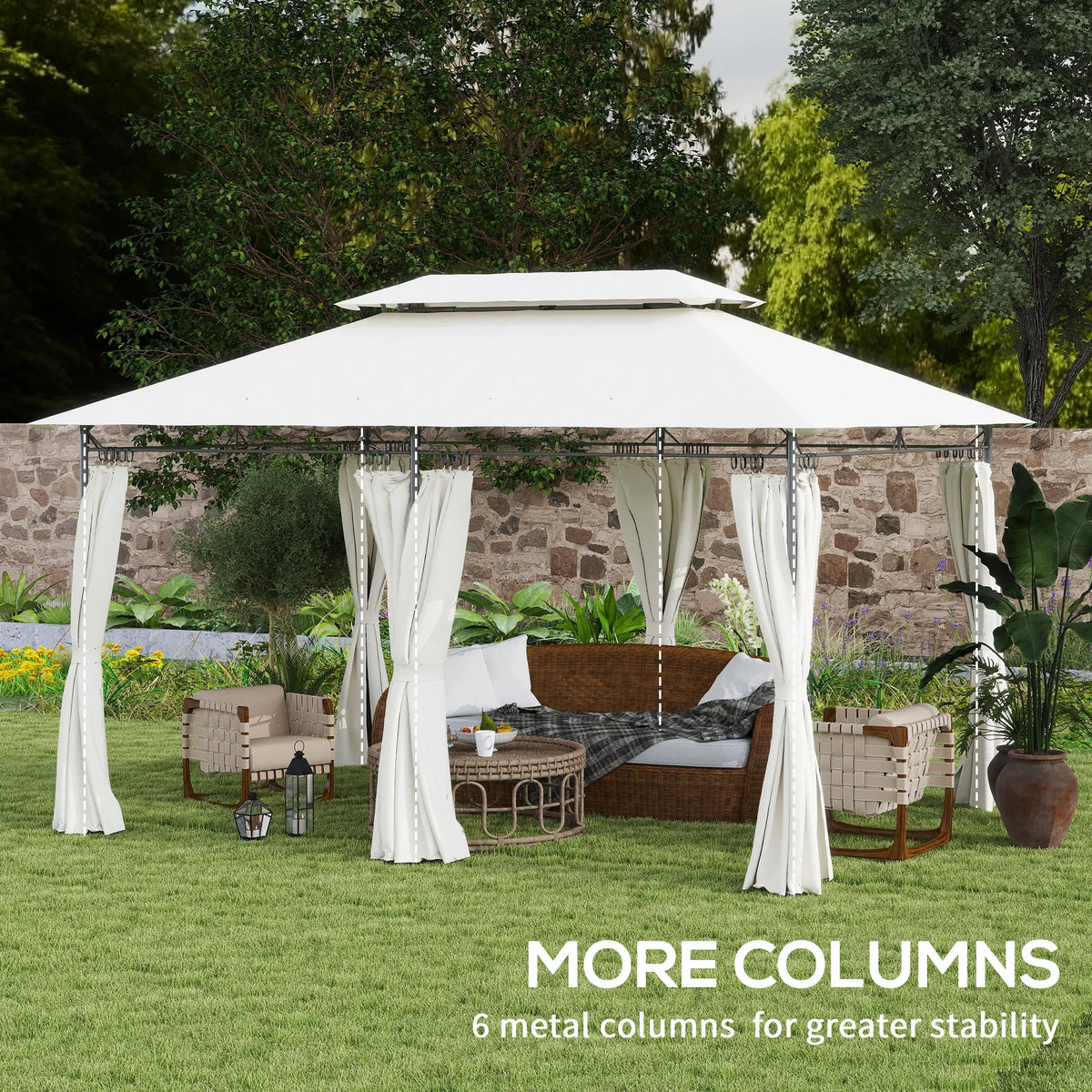 10 × 13FT Double-Roof Patio Gazebo with Removable Curtains – Cream White