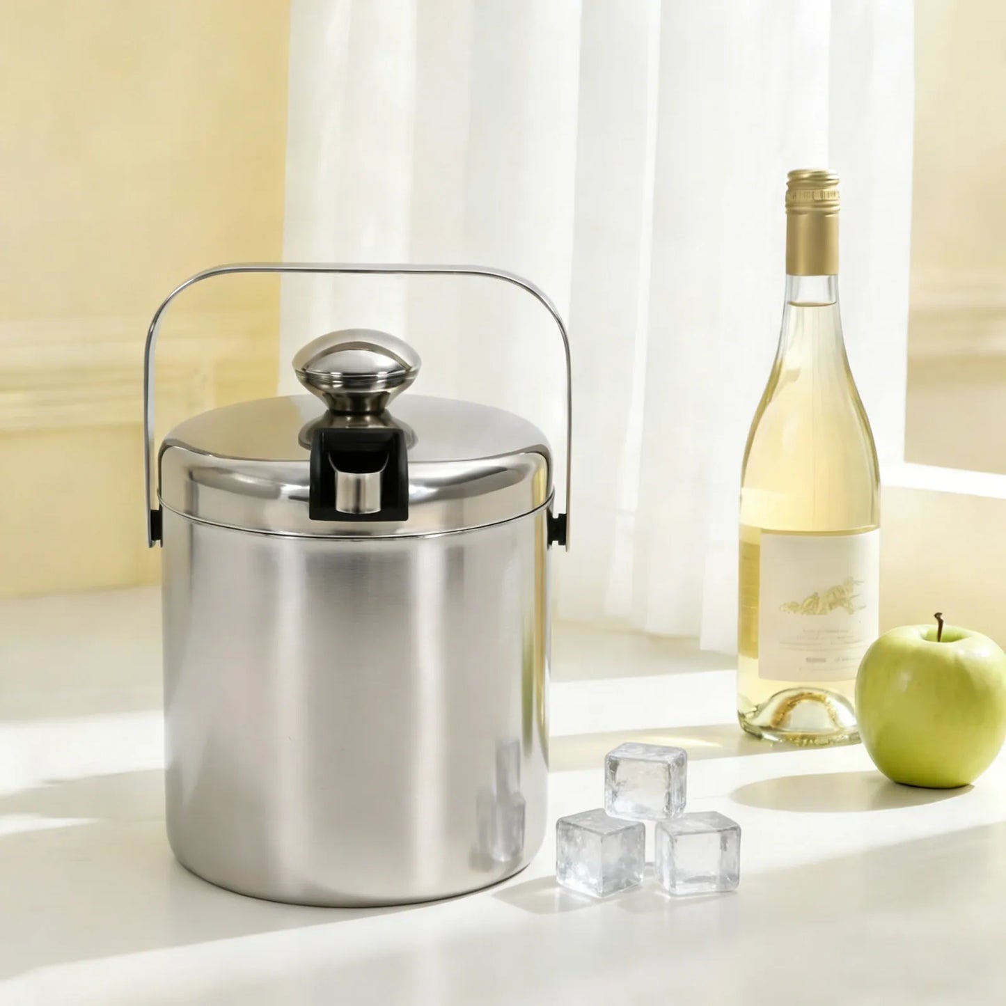 Double-Wall Stainless Steel Ice Bucket with Tongs & Strainer – 1.3L