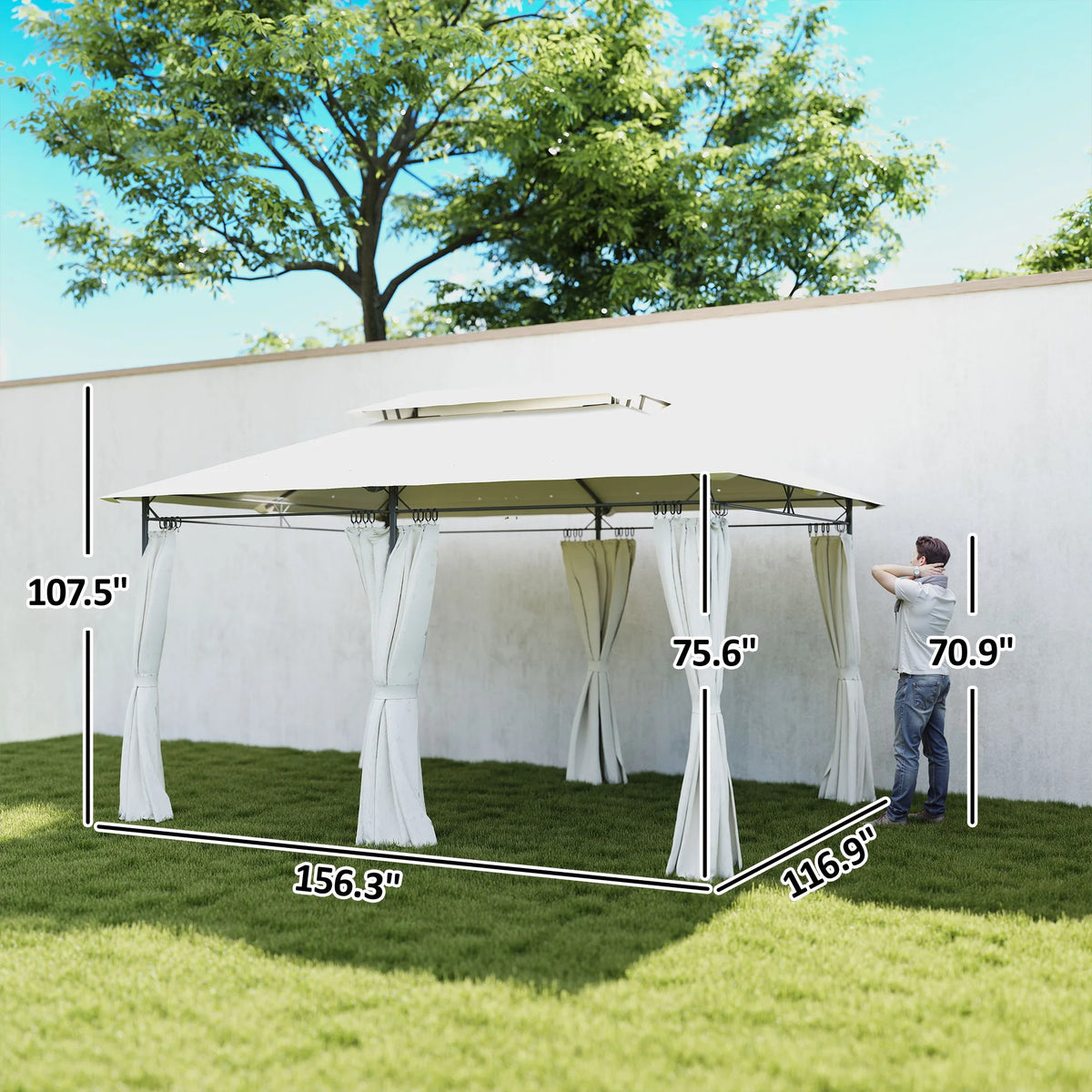 10 × 13FT Double-Roof Patio Gazebo with Removable Curtains – Cream White