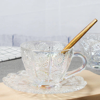 Retro Embossed Glass Coffee Cup & Saucer Set - 200ml