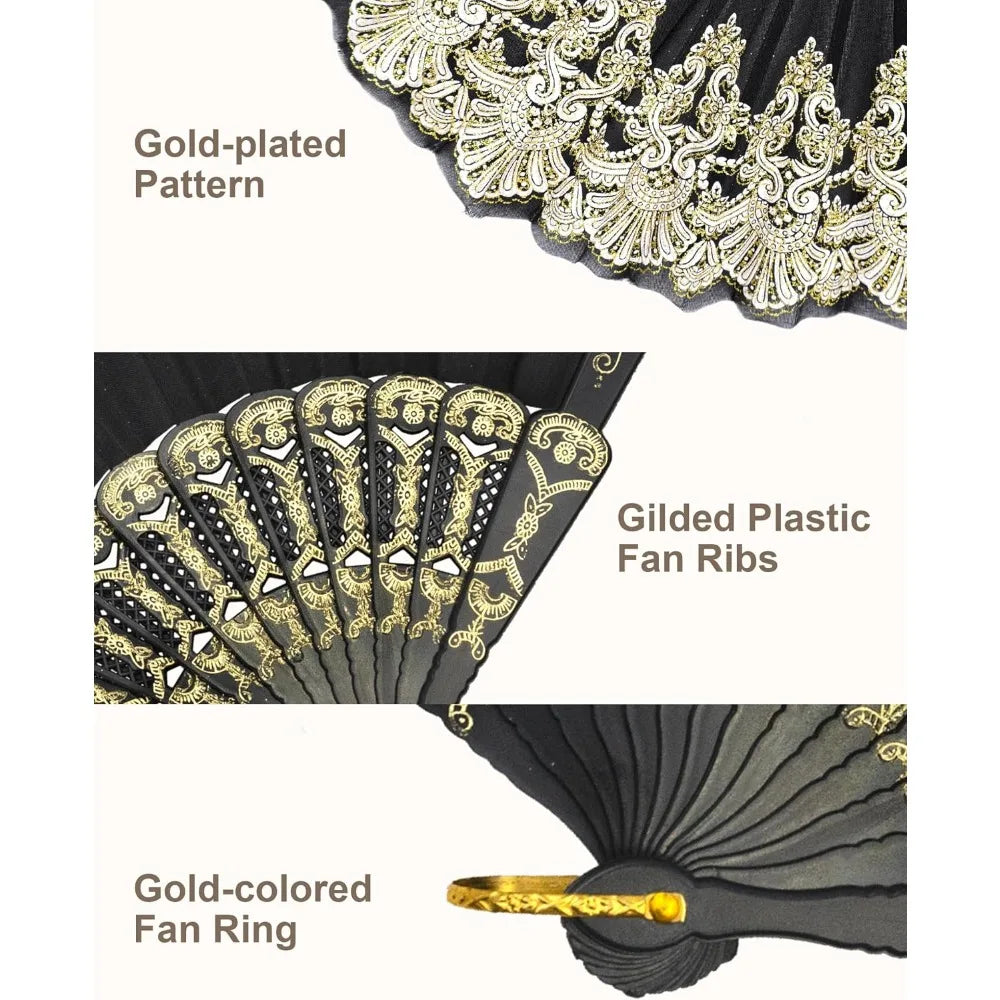 Black & Gold Decorative Folding Fan – 16.5"