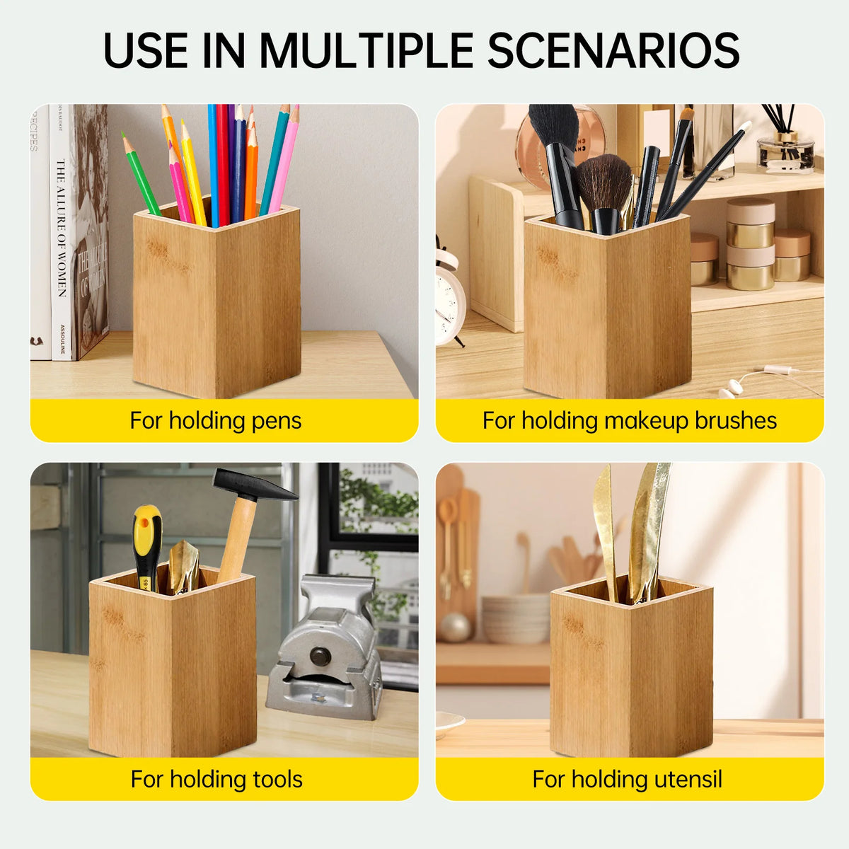 3-Compartment Bamboo Utensil Holder with Black Metal Rack
