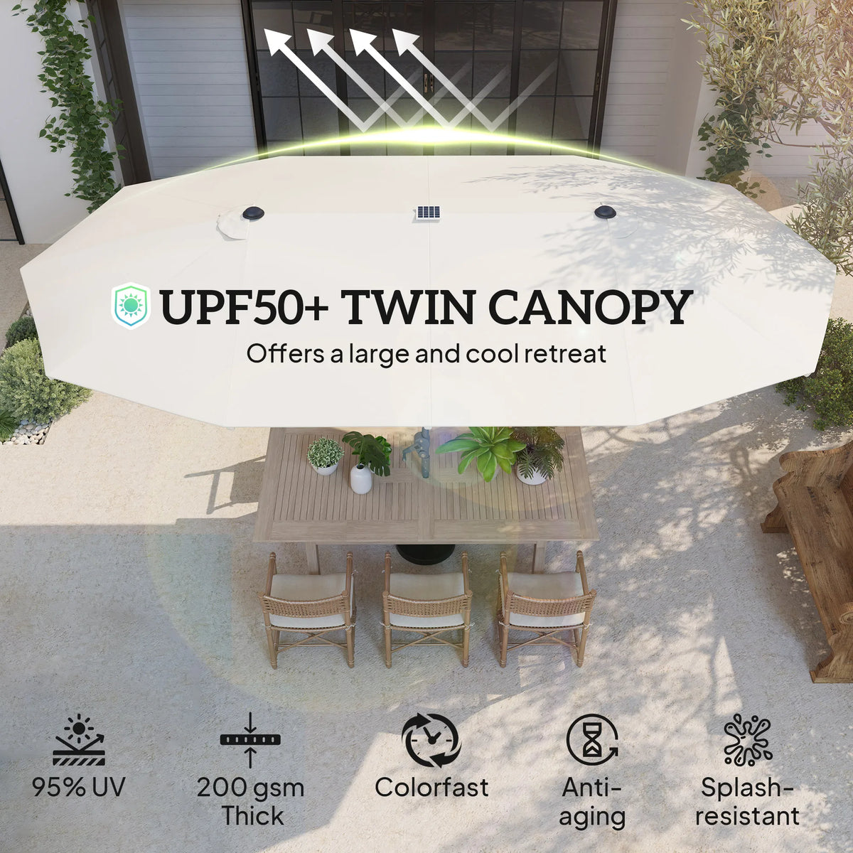 15FT Double-Sided Solar LED Patio Umbrella with UPF 50+ Sun Protection