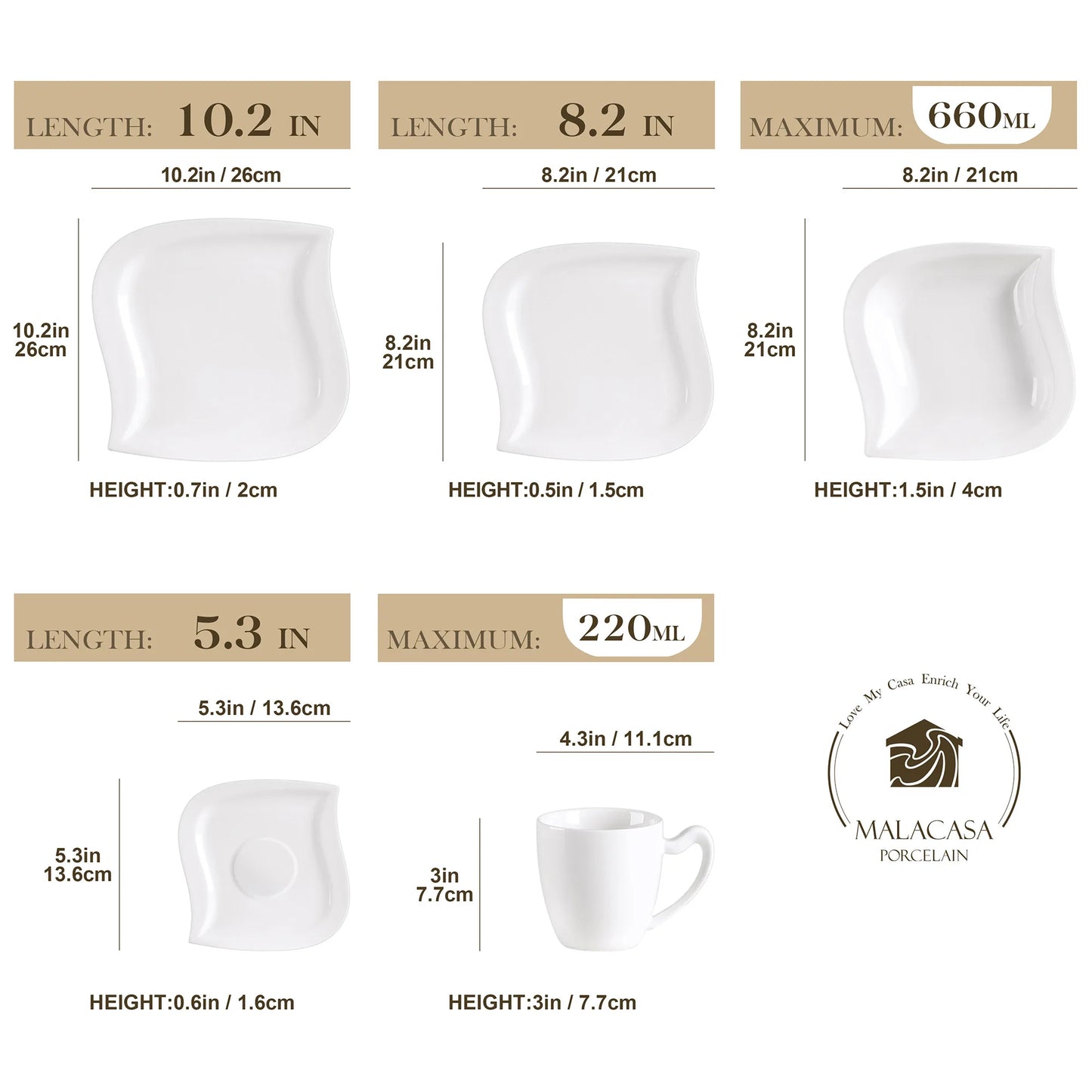 MALACASA ELVIRA Ivory White or Grey Marble Porcelain Dinnerware Set – 30 or 60 Piece, Service for 6 or 12
