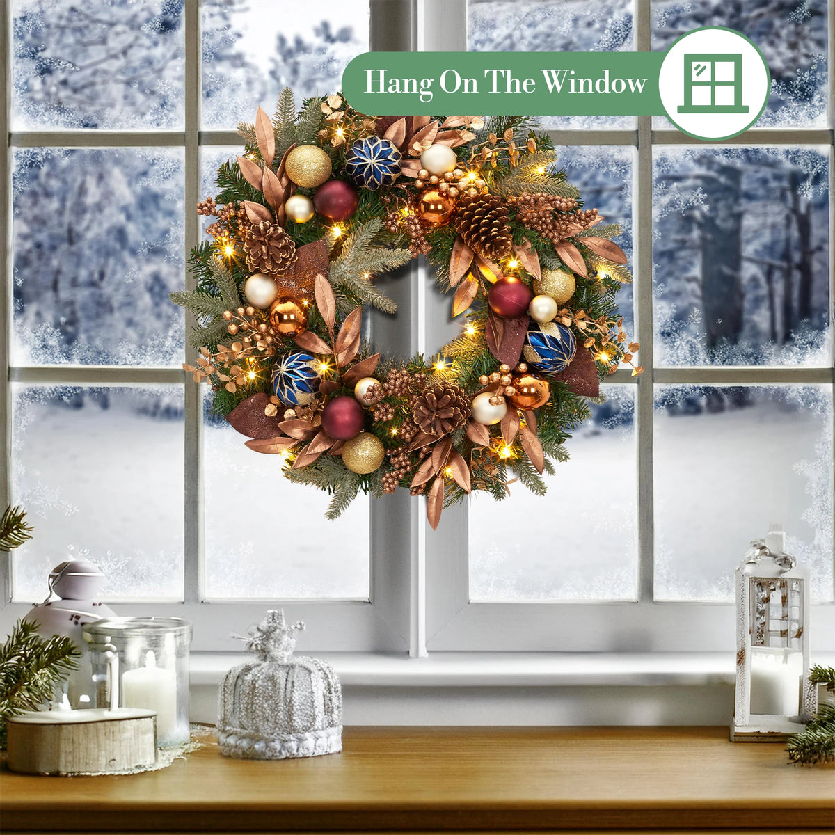 24 Inch Pre‑lit Christmas Wreath, Artificial Xmas Wreath with 20 Waterproof LED Lights, Pine Cones Berries Xmas Balls Golden Leaves, 8 Lighting Modes for Front Door Wall Window Holiday Decor