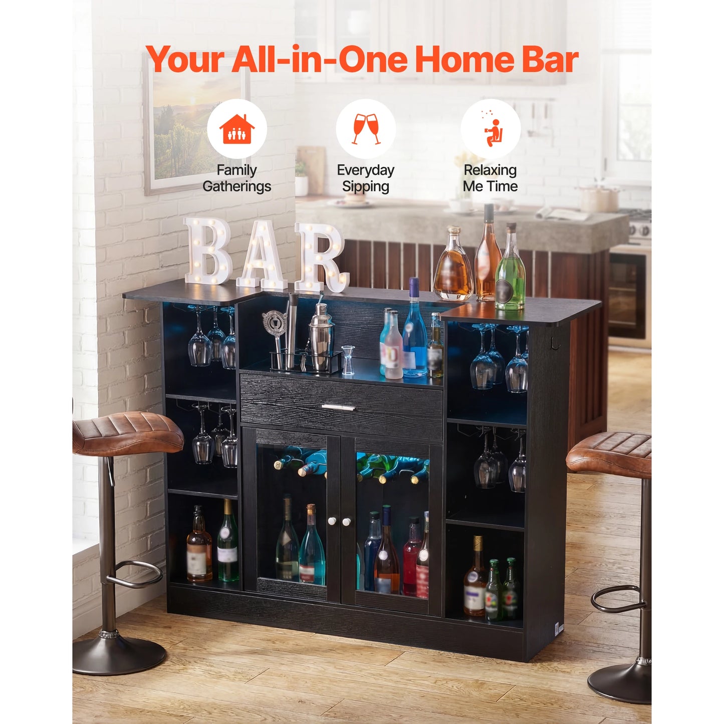 59" 4-Tier Home Bar with LED Lighting – Wine Glass Rack, Bottle Storage, Drawer & Shelves