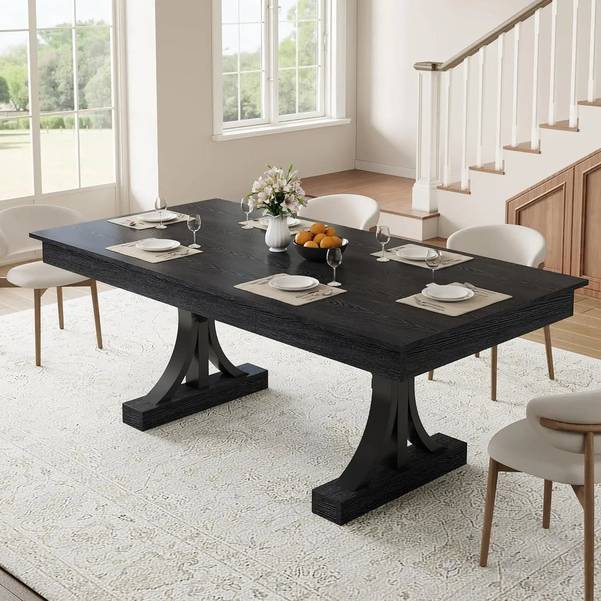 71" Industrial Dining Table for 6–8 – Rectangular Wood-Look Table with 2 Storage Drawers & Double Pedestal Base