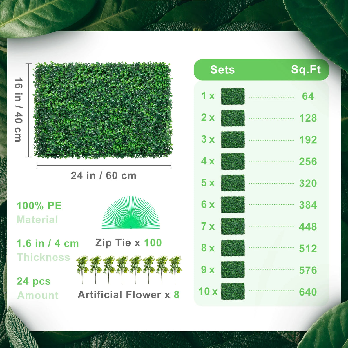 24-Piece Artificial Boxwood Wall Panels – 64–66 Sq. Ft. Greenery Backdrop & Hedge Décor