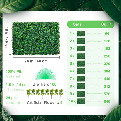 24-Piece Artificial Boxwood Wall Panels – 64–66 Sq. Ft. Greenery Backdrop & Hedge Décor