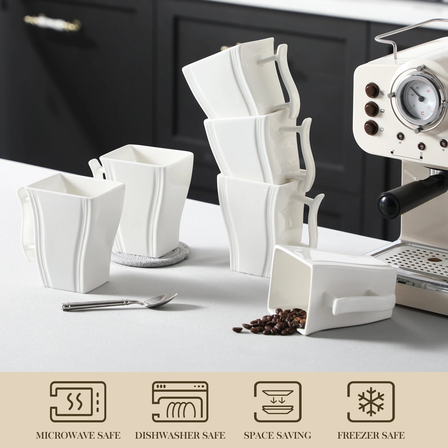 MALACASA FLORA White or Grey Marble Porcelain Coffee Mugs 16.9 oz (500mL) – 6 Piece Set