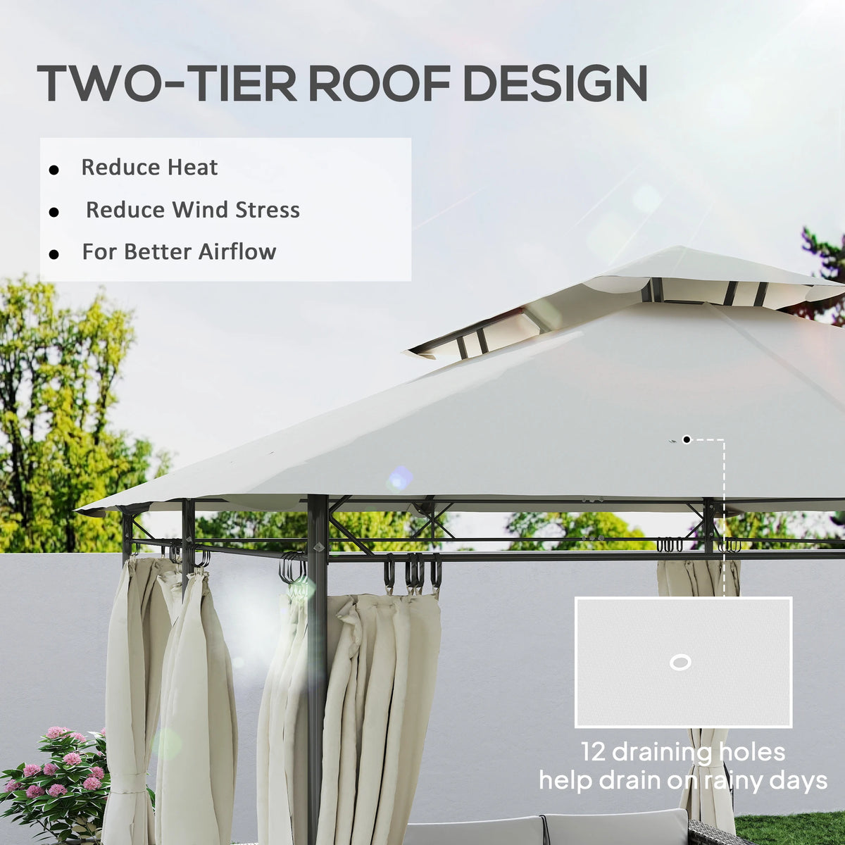 10 × 13FT Double-Roof Patio Gazebo with Removable Curtains – Cream White