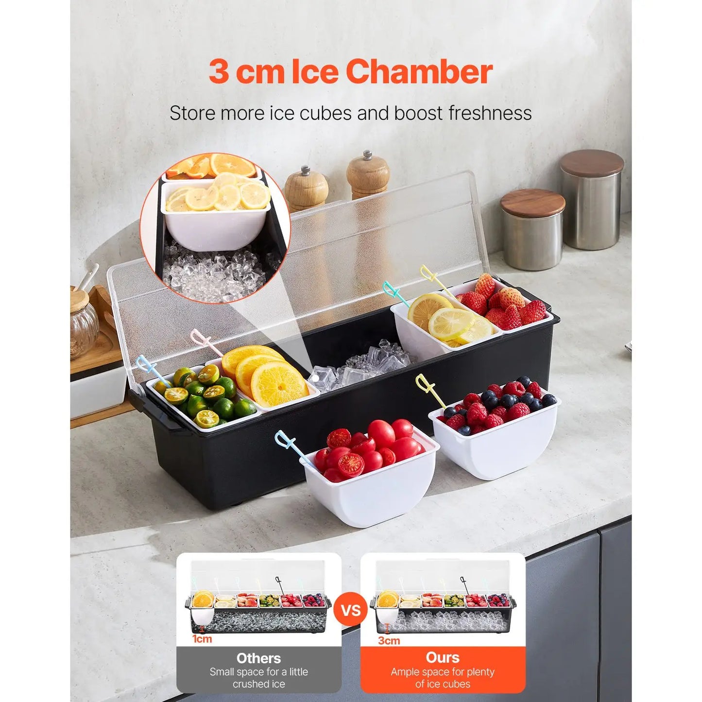 6-Compartment Chilled Condiment & Garnish Server with Lid – Ice-Cooled Bar, Taco & Salad Caddy