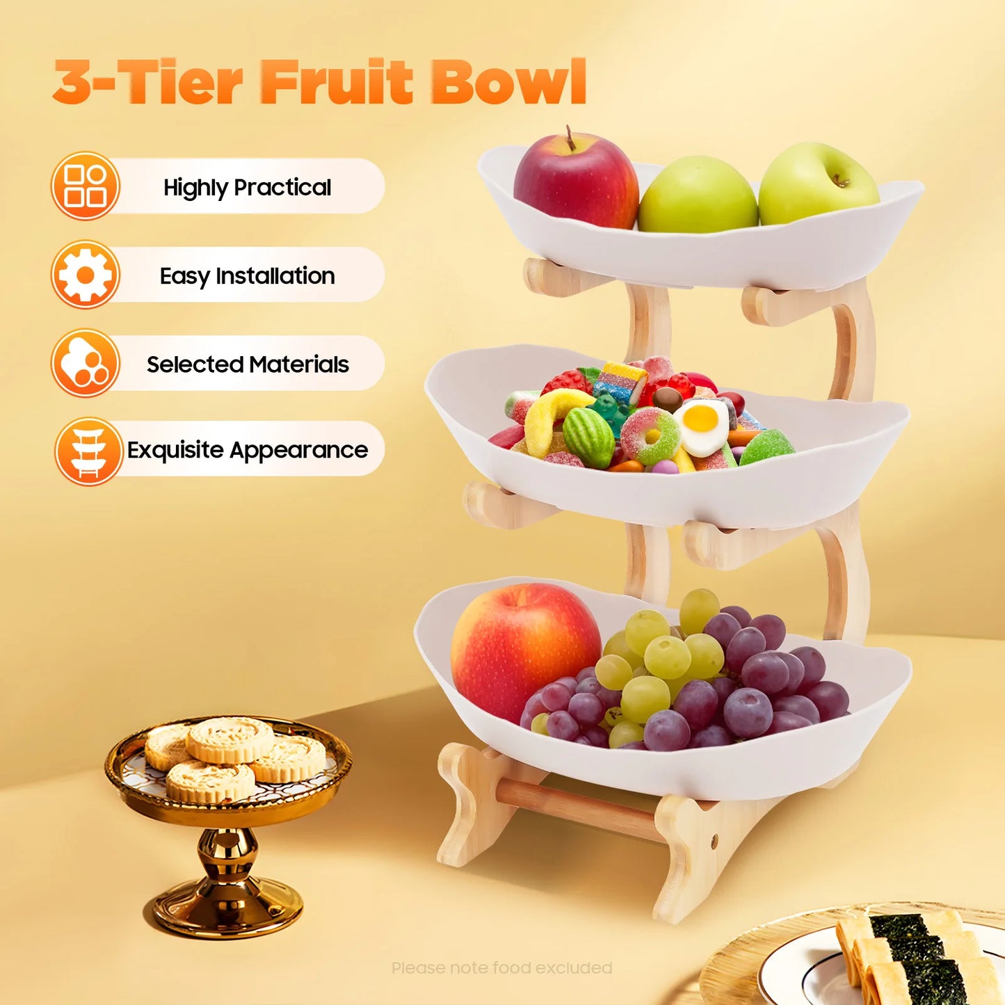 3-Tier Serving Bowl Stand with Bamboo Frame – White or Beige