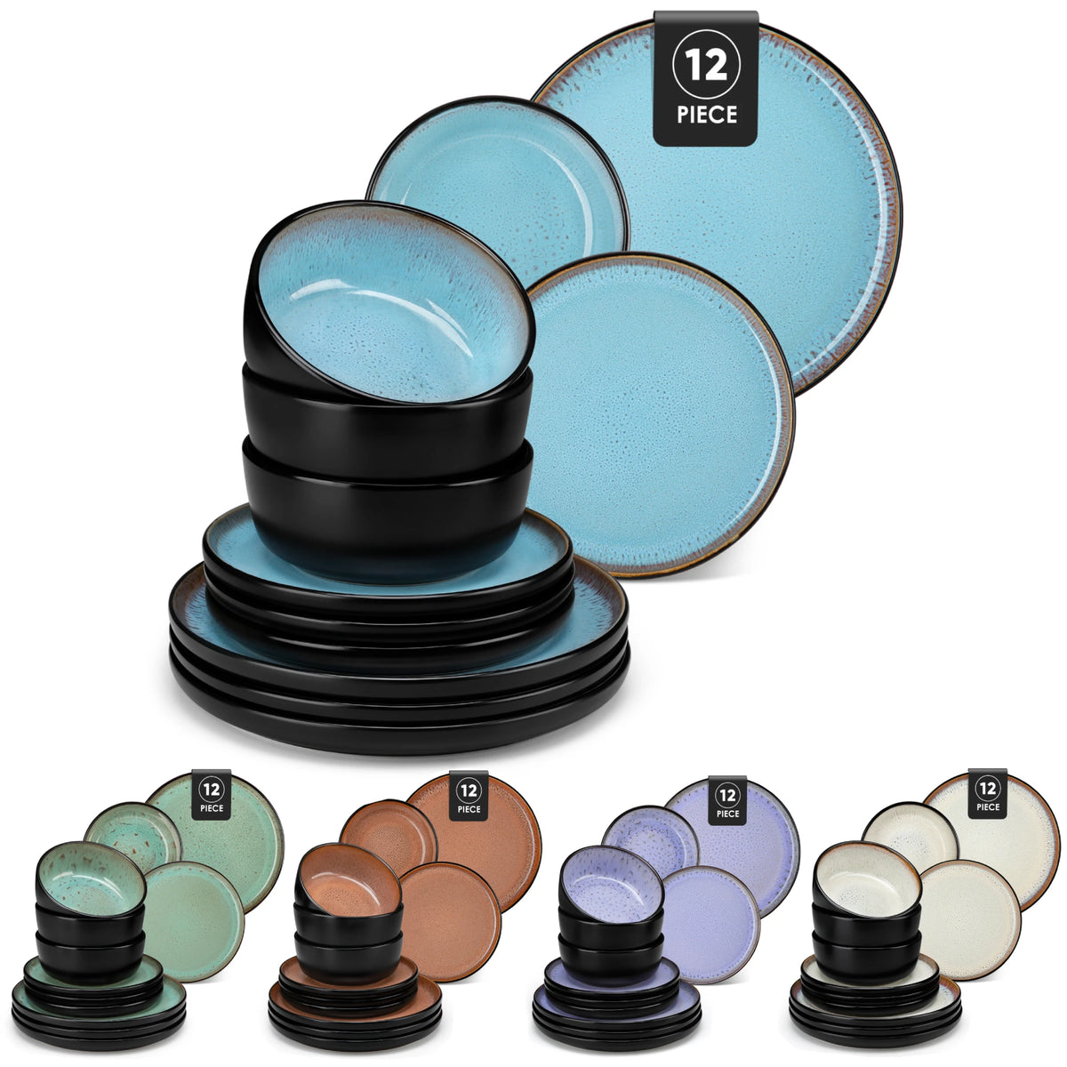 Vancasso AMBER Ceramic Dinnerware Set – Stone Black with Color Interior, 12 or 16 Piece