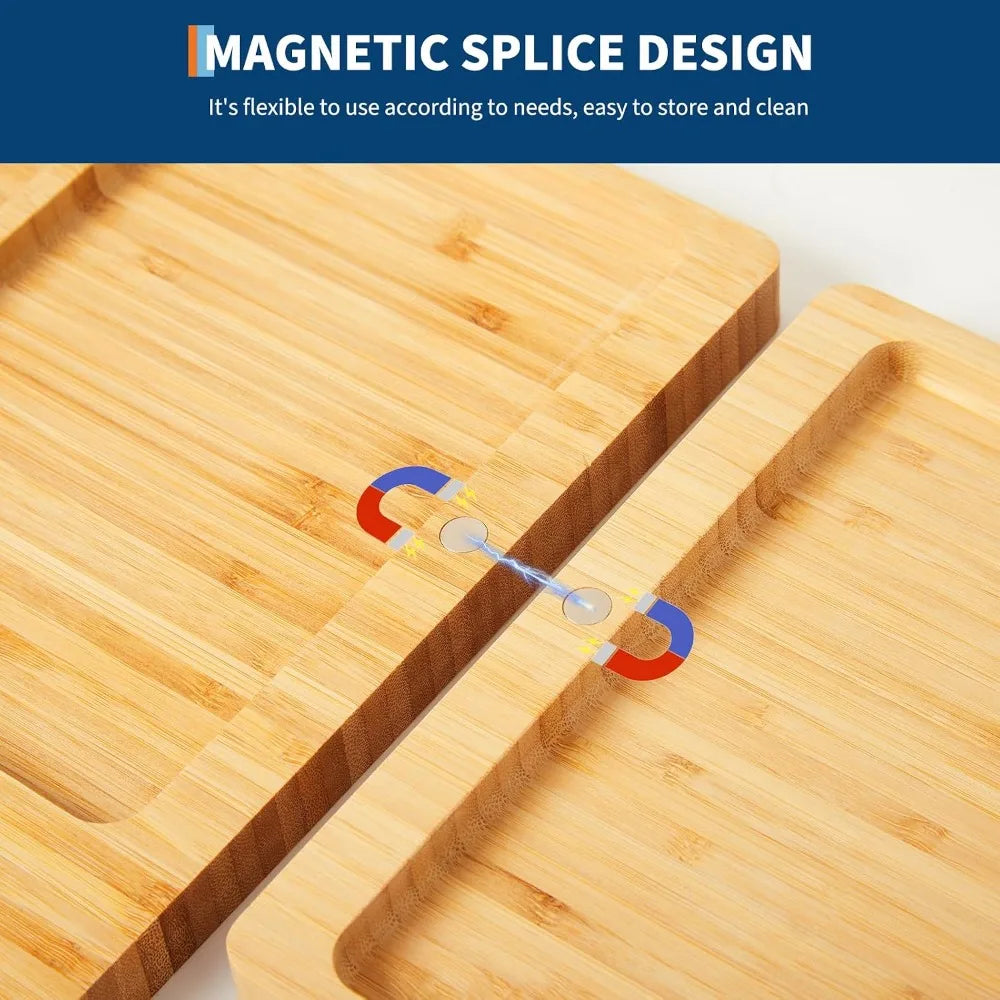 3-Piece Magnetic Bamboo Charcuterie Board Set – 25.2" Modular Cheese Board with 4 Knives & 2 Bowls