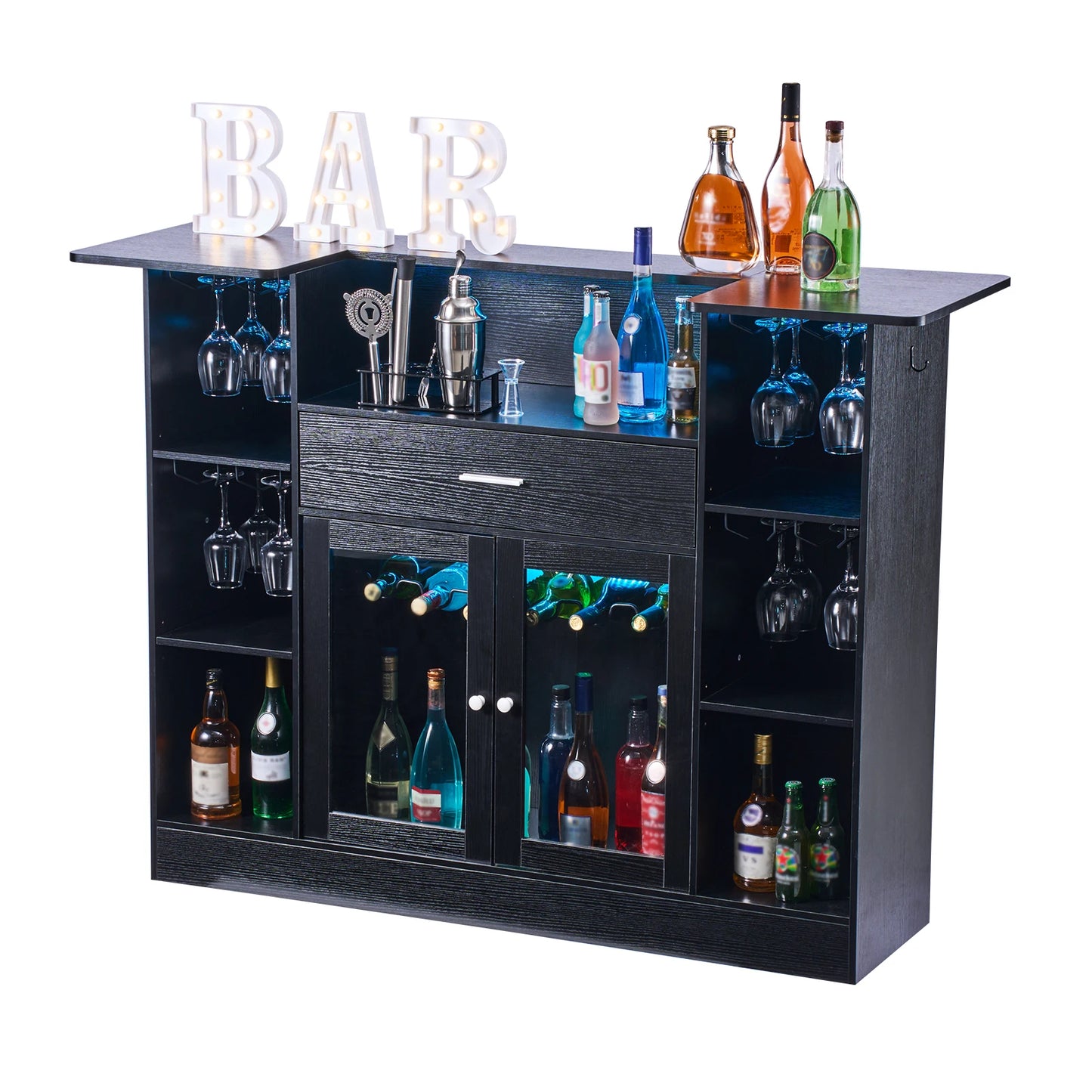 59" 4-Tier Home Bar with LED Lighting – Wine Glass Rack, Bottle Storage, Drawer & Shelves