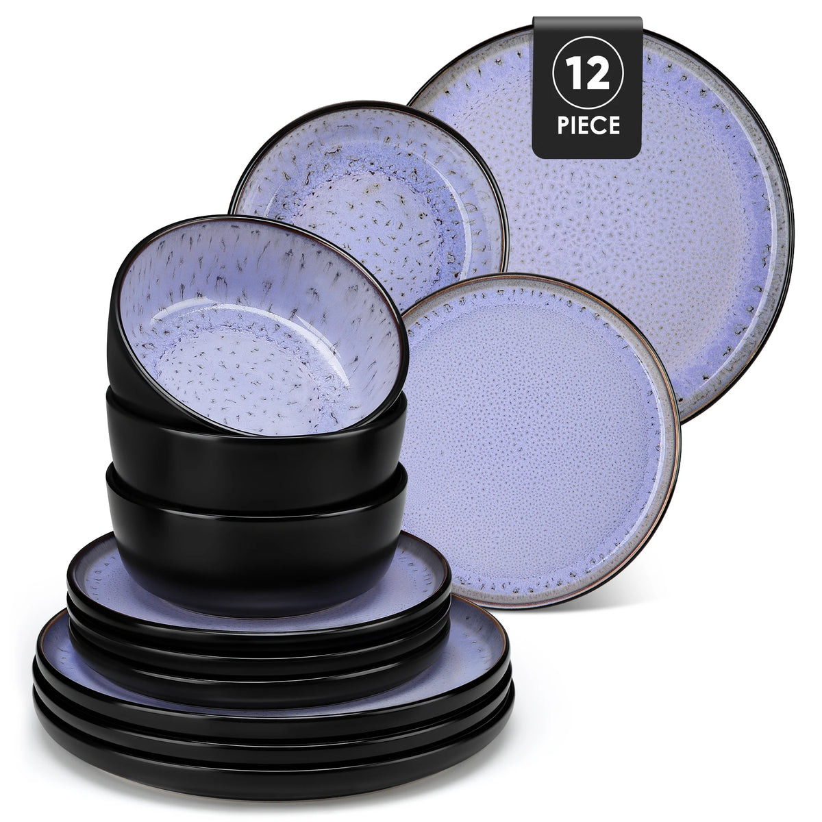Vancasso AMBER Ceramic Dinnerware Set – Stone Black with Color Interior, 12 or 16 Piece