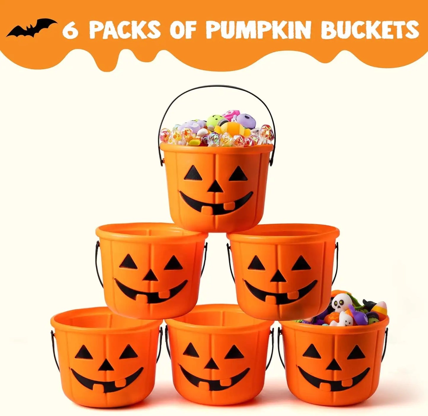 6-Pack Halloween Jack-O'-Lantern Pumpkin Trick-or-Treat Buckets – Orange Candy Pails with Handles