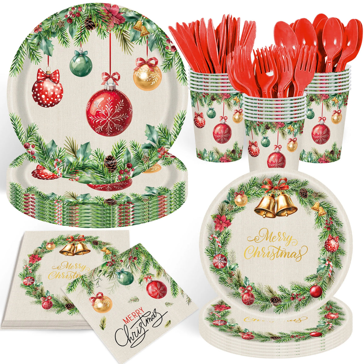 350-Piece Christmas Disposable Dinnerware Set – Serves 50