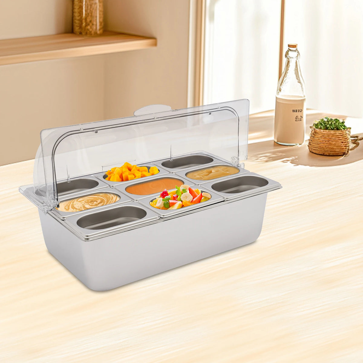 9-Compartment Stainless Steel Chilled Serving Station with Flip Top Lid