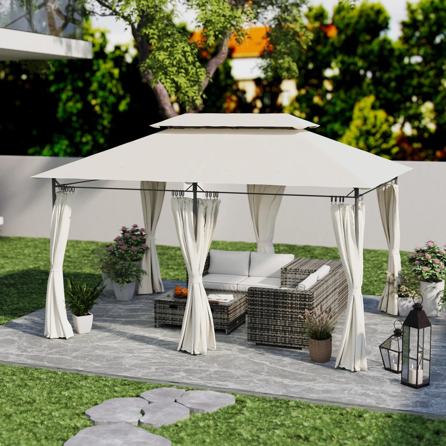10 × 13FT Double-Roof Patio Gazebo with Removable Curtains – Cream White