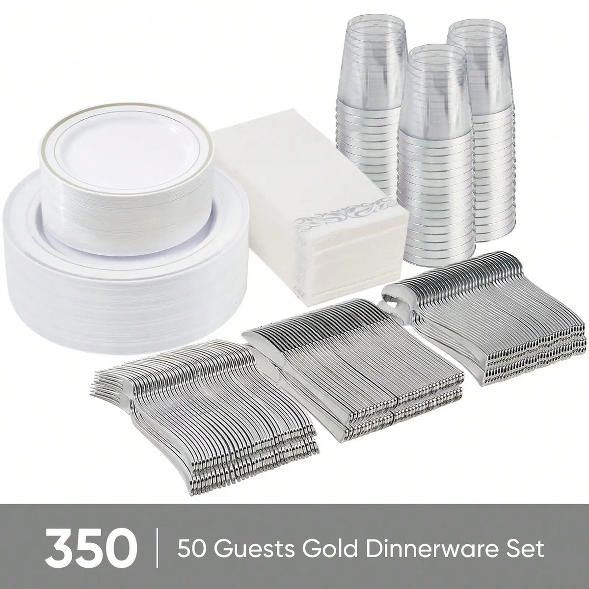 350-Piece Elegant Disposable Dinnerware, Cutlery, Cup & Napkin Set for 50 Guests – Gold or Silver Rim