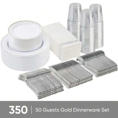 350-Piece Elegant Disposable Dinnerware, Cutlery, Cup & Napkin Set for 50 Guests – Gold or Silver Rim