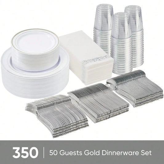 350-Piece Elegant Disposable Dinnerware, Cutlery, Cup & Napkin Set for 50 Guests – Gold or Silver Rim