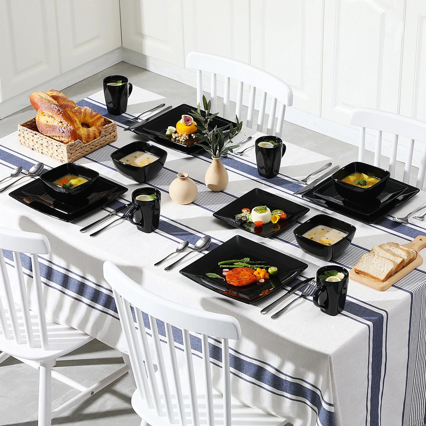 Vancasso SOHO Black Square Porcelain Dinnerware Set – 16, 32 or 48 Piece