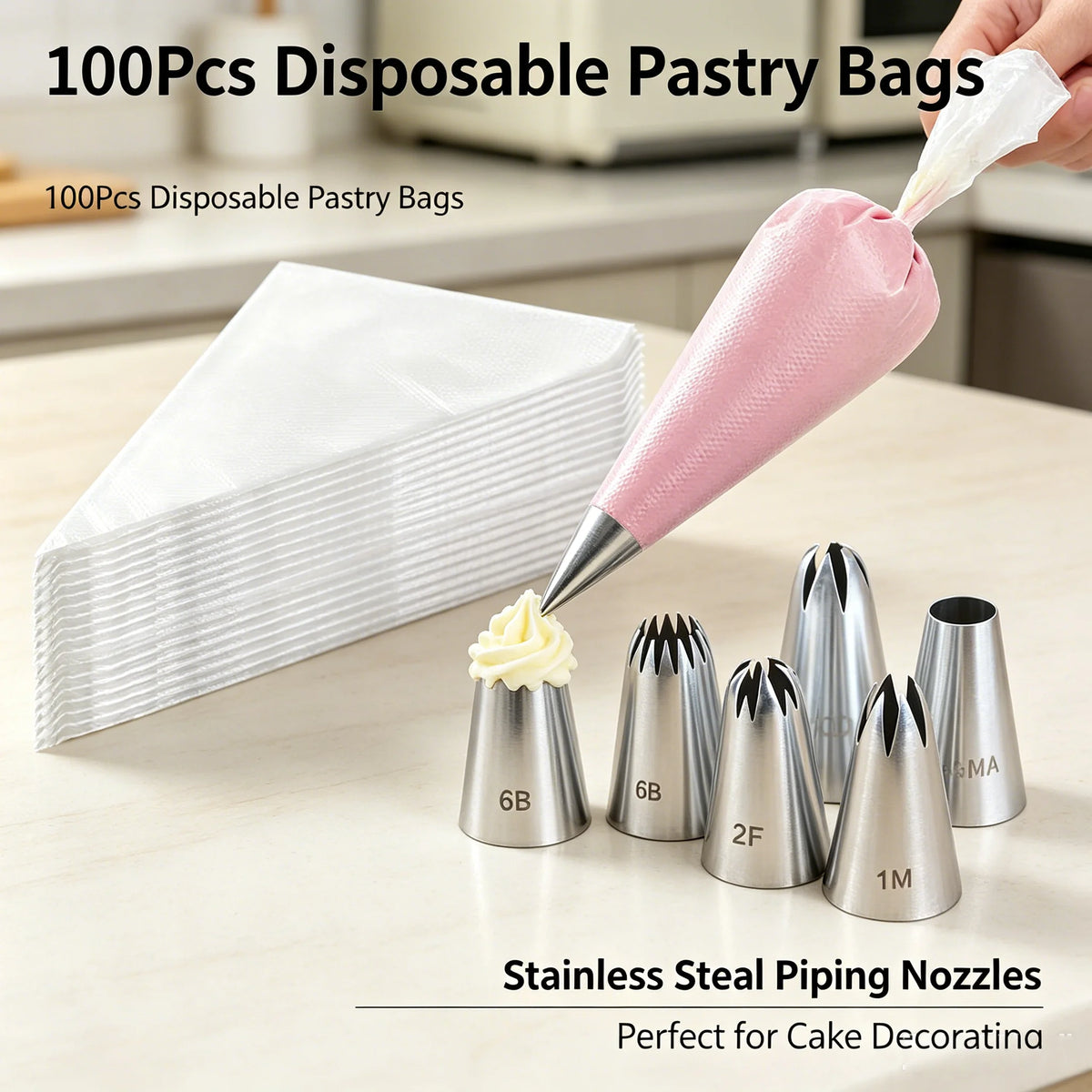 100 Disposable Piping Bags & 6 Stainless Steel Decorating Tips