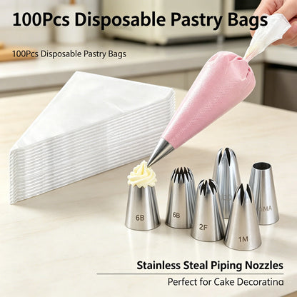 100 Disposable Piping Bags & 6 Stainless Steel Decorating Tips
