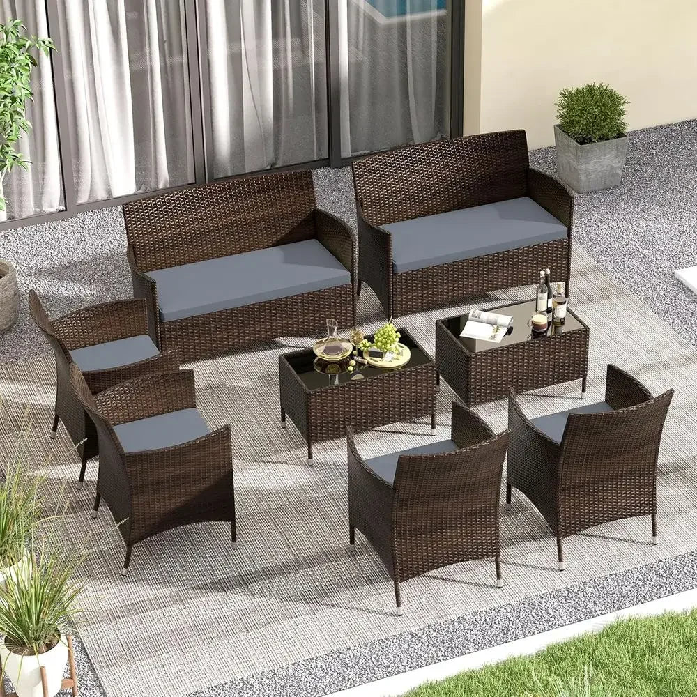 8-Piece Outdoor Wicker Patio Conversation Set – PE Rattan Seating with Thick Cushions & Tempered Glass Coffee Table, Gray