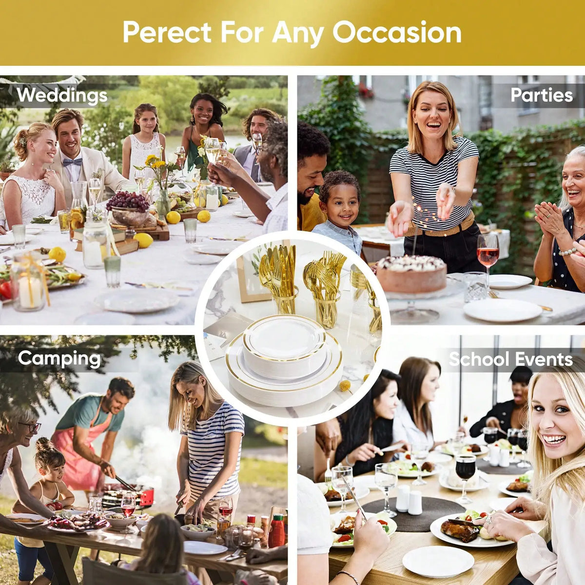 350-Piece Elegant Disposable Dinnerware, Cutlery, Cup & Napkin Set for 50 Guests – Gold or Silver Rim