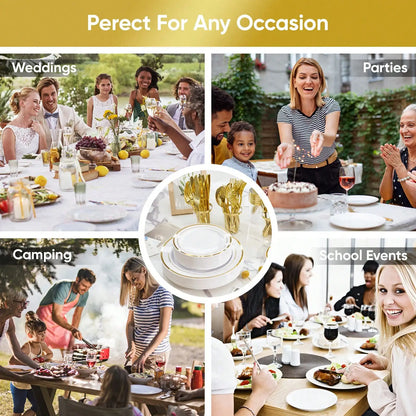 350-Piece Elegant Disposable Dinnerware, Cutlery, Cup & Napkin Set for 50 Guests – Gold or Silver Rim